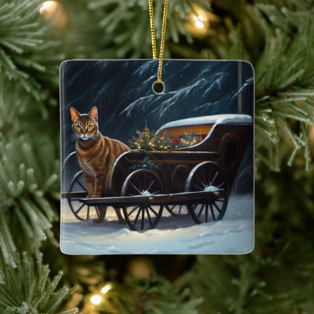 Abyssinian Snowy Sleigh Ride Christmas Decor Ceramic Ornament (Tree)