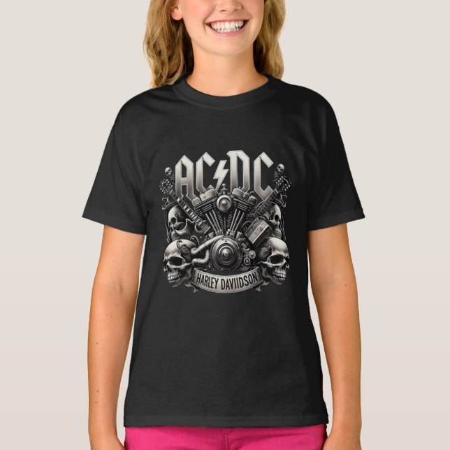 AC/DC x Harley Davidson Skull Engine Artwork T-Shirt (Front)