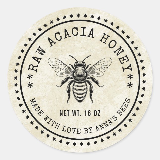 Acacia honey label with vintage bee (Front)