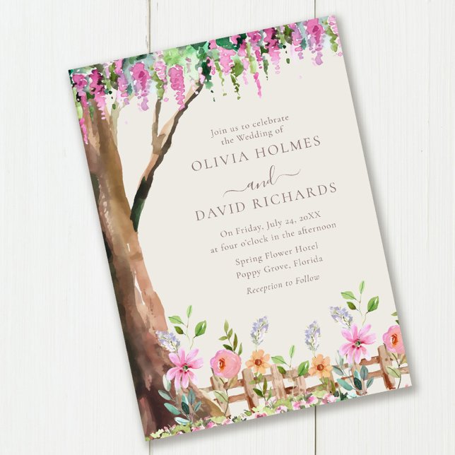 Acacia on a Wildflower Field Wedding Invitation (Acacia on a Wildflower Field Wedding Invitation on wooden table.)