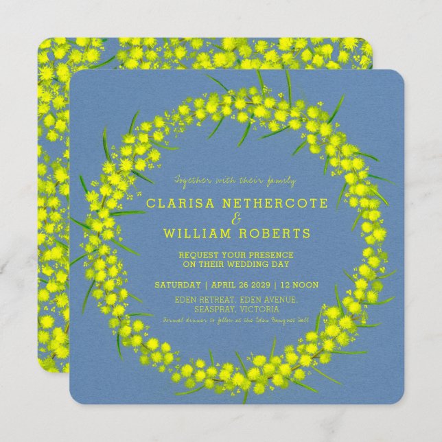 Acacia yellow wattle floral art wedding invites (Front/Back)