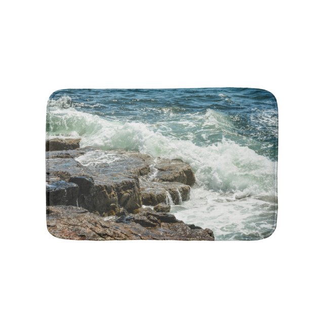 Acadia Maine Coastline Ocean Waves Blue Bath Mat (Front)