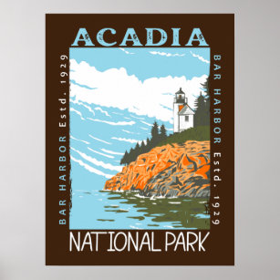 Acadia National Park Bar Harbour Lighthouse Vintag Poster