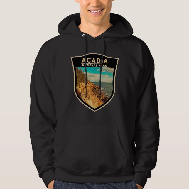 Acadia National Park Bar Harbour Watercolor Badge Hoodie (Front)
