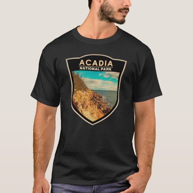 Acadia National Park Bar Harbour Watercolor Badge T-Shirt (Front)