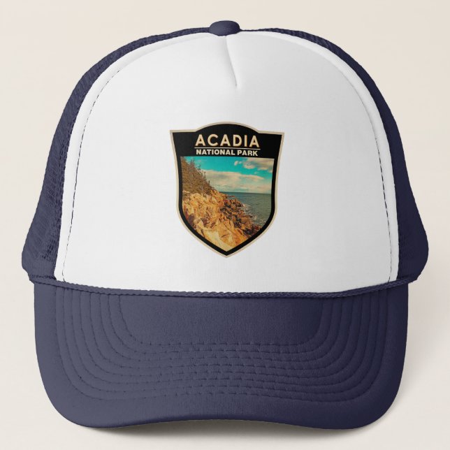 Acadia National Park Bar Harbour Watercolor Badge Trucker Hat (Front)