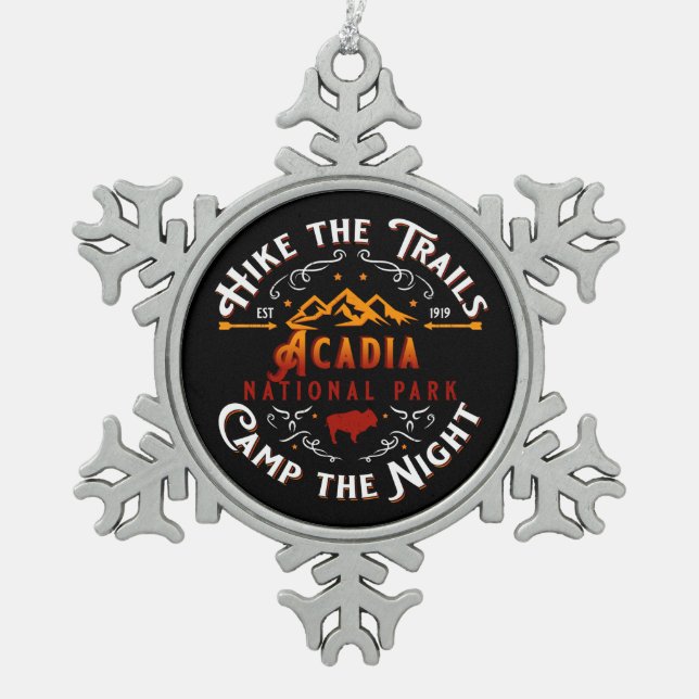 ACADIA NATIONAL PARK HIKE THE TRAILS HOLIDAY SNOWFLAKE PEWTER CHRISTMAS ORNAMENT (Front)