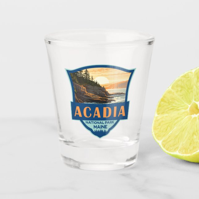 Acadia National Park Illustration Retro Badge Shot Glass (Front)