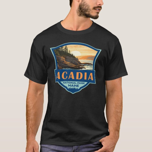 Acadia National Park Illustration Retro Badge T-Shirt (Front)