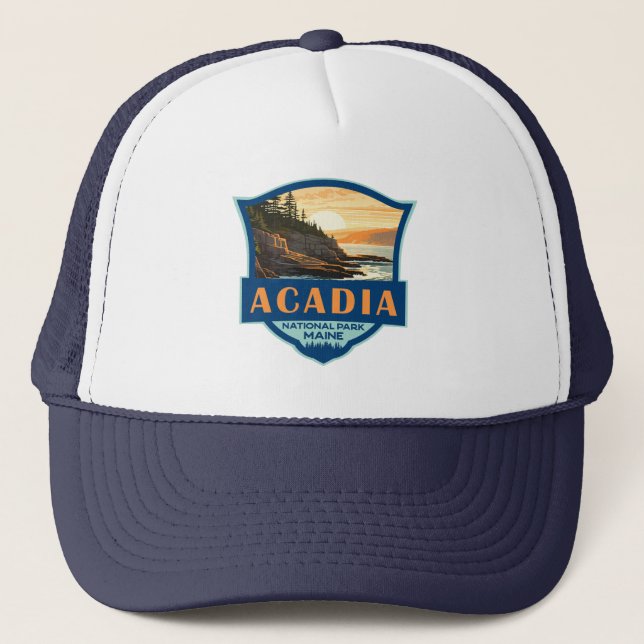 Acadia National Park Illustration Retro Badge Trucker Hat (Front)