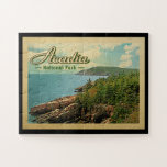 Acadia National Park Jigsaw Puzzle Vintage Travel<br><div class="desc">Vintage travel style Acadia National Park image featuring a beautiful coastal view with blue water,  trees and a puffy cloud sky.</div>