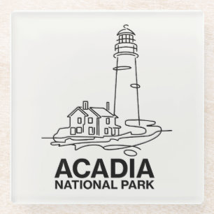 Acadia National Park Lighthouse Line Art Glass Coaster