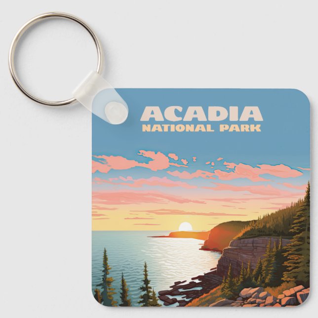 Acadia National Park Maine Coast Retro Key Ring (Front)