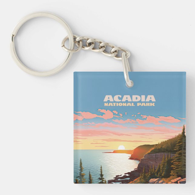 Acadia National Park Maine Coast Retro Key Ring (Front)