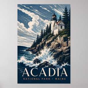 Acadia National Park Maine Modern Woodblock Travel Poster
