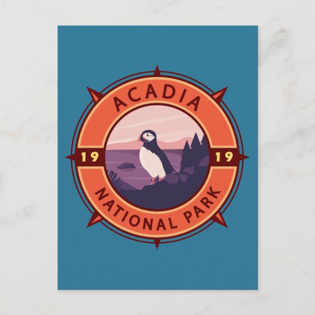 Acadia National Park Puffin Retro Compass Emblem Postcard (Front)