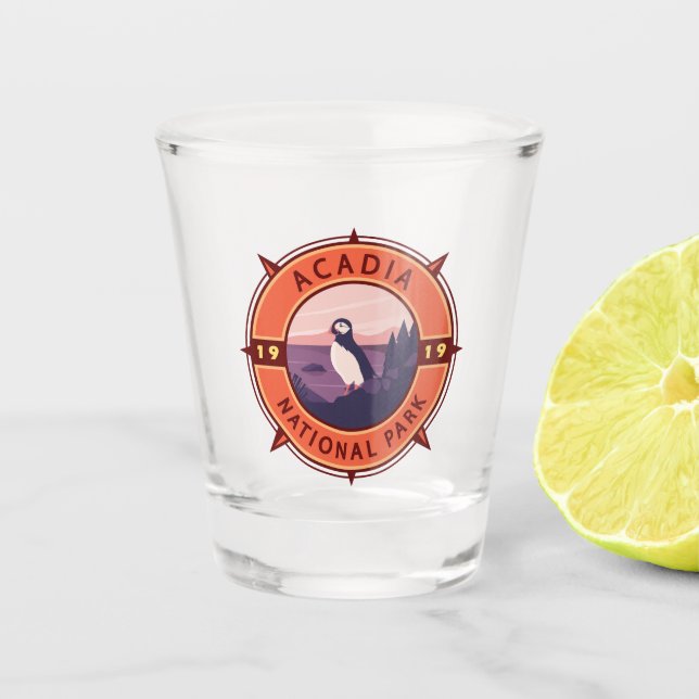 Acadia National Park Puffin Retro Compass Emblem  Shot Glass (Front)