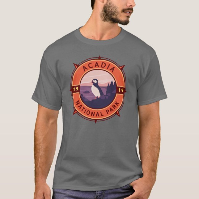 Acadia National Park Puffin Retro Compass Emblem T-Shirt (Front)