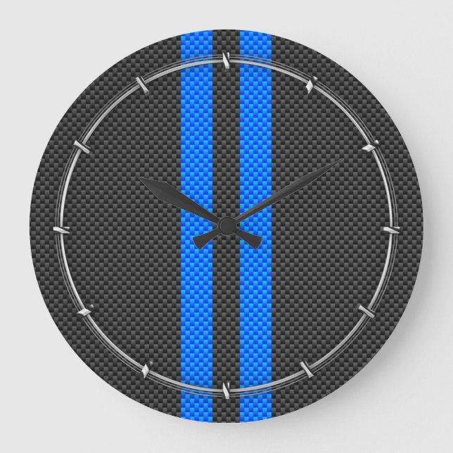 Accent Blue Carbon Fibre Style Racing Stripes Large Clock (Front)