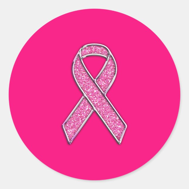 Accent Chrome Glitter Style Pink Ribbon Awareness Classic Round Sticker (Front)