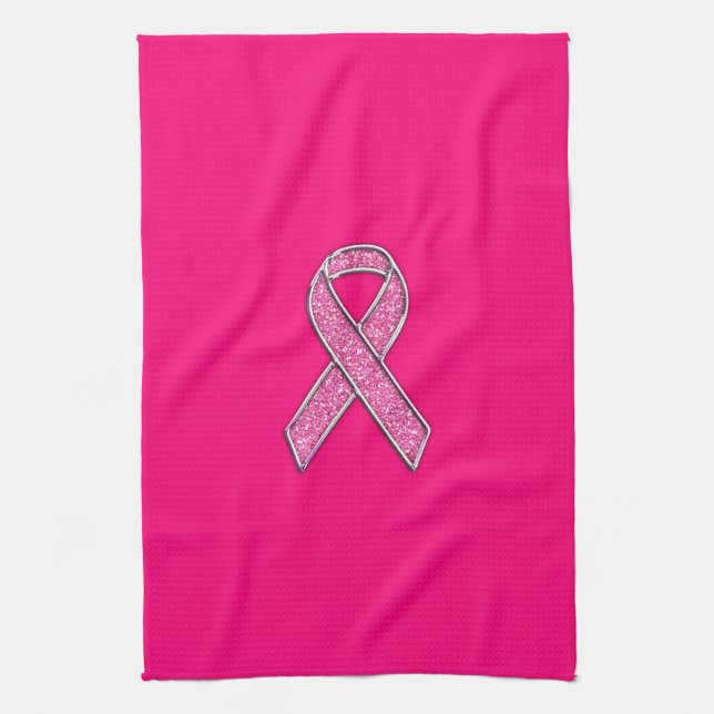 Accent Chrome Glitter Style Pink Ribbon Awareness Tea Towel (Vertical)