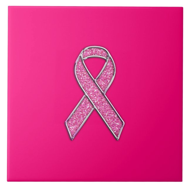 Accent Chrome Glitter Style Pink Ribbon Awareness Tile (Front)