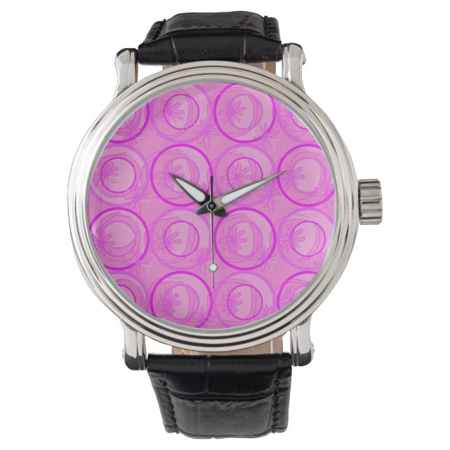 Accent Circles Background Flowers Pink Birthday Watch (Front)