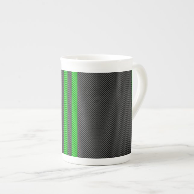 Accent Green Carbon Fibre Style Racing Stripes Bone China Mug (Front Right)