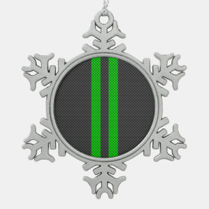 Accent Green Carbon Fibre Style Racing Stripes Snowflake Pewter Christmas Ornament