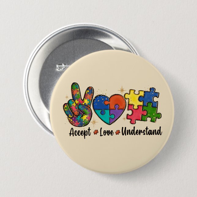 Accept, Love, Understand Autism Awareness 7.5 Cm Round Badge (Front & Back)