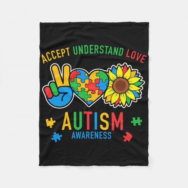 Accept Understand Love Autism Awareness Sunflower  Fleece Blanket (Front)
