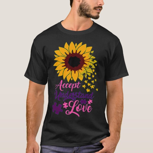 Accept Understand Love Autism Support Sunflower T-Shirt (Front)