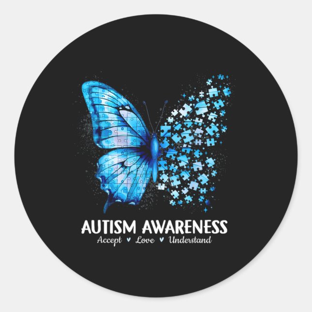 Accept Understand Love Butterfly Autism Awareness  Classic Round Sticker (Front)
