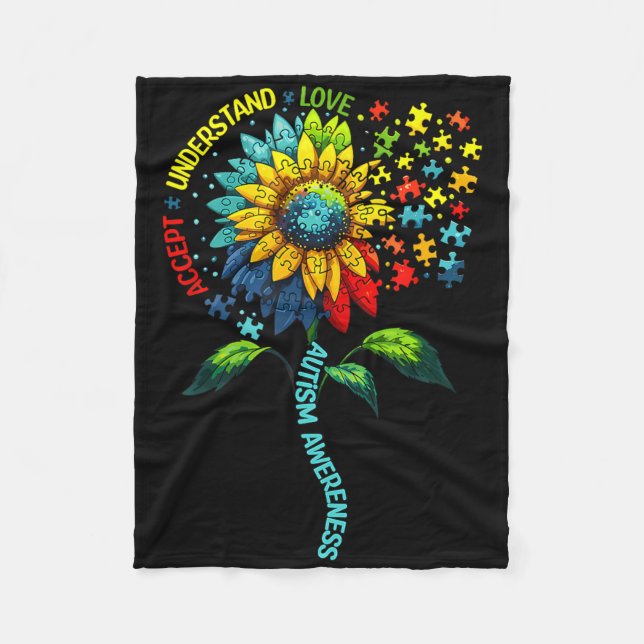 Accept Understand Love Sunflower Autism Awareness  Fleece Blanket (Front)