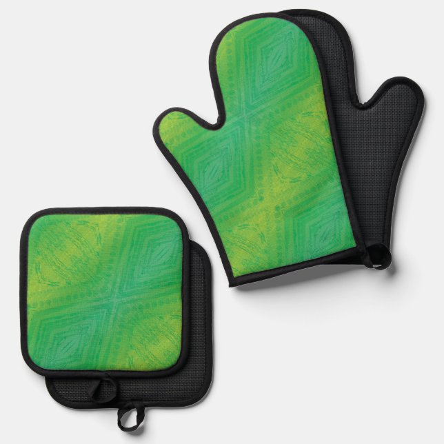 Acceptance | Yellow Green Blue Shibori Pattern Oven Mitt & Pot Holder Set (Front/Back)