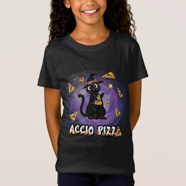 Accio Pizza Funny Black Cat Magic Wizard T-Shirt (Front)