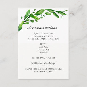 Accommodation card. Green wedding details. Info Enclosure Card