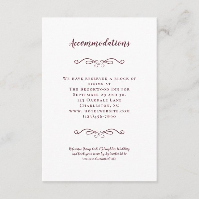 Accommodations Elegant Burgundy Wedding Details Enclosure Card (Front)