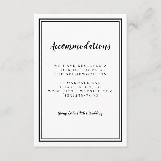 Accommodations Simple Black & White Wedding Chic Enclosure Card (Front)