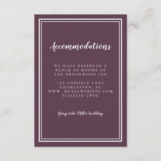 Accommodations Simple Cassis Purple Detail Wedding Enclosure Card (Front)