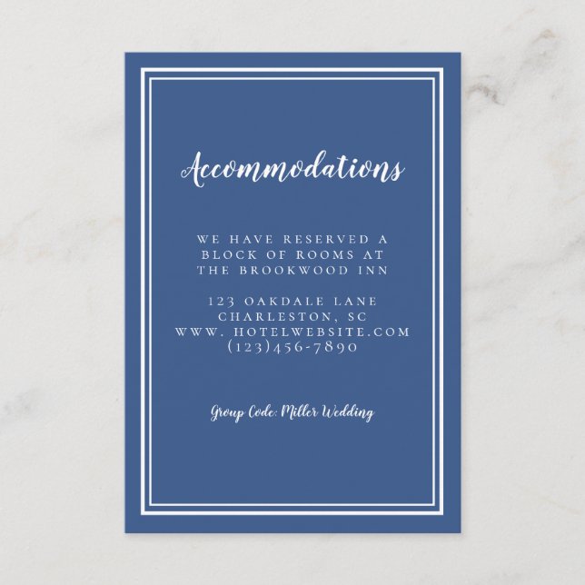 Accommodations Simple Modern Blue White Wedding Enclosure Card (Front)
