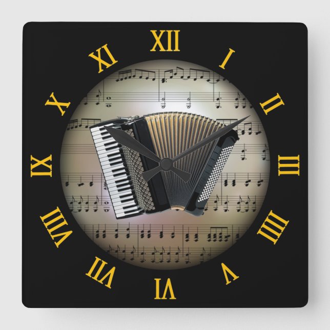 Accordion ~ Background “The Musical Planet” * ~ Square Wall Clock (Front)