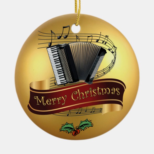 Accordion ~ Musical Scroll ~ Gold Merry Christmas~ Ceramic Tree Decoration (Front)