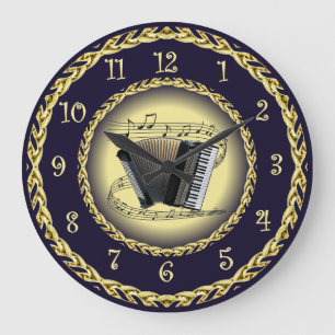 Accordion ~ Musical Scroll ~ Gold/Navy Blue ~ Large Clock