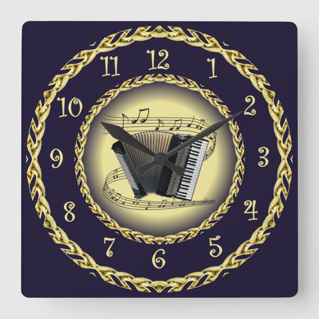 Accordion ~ Musical Scroll ~ Gold/Navy Blue ~  Square Wall Clock (Front)