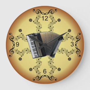 Accordion ~ Musical Scroll ~ Golden Background ~ Large Clock