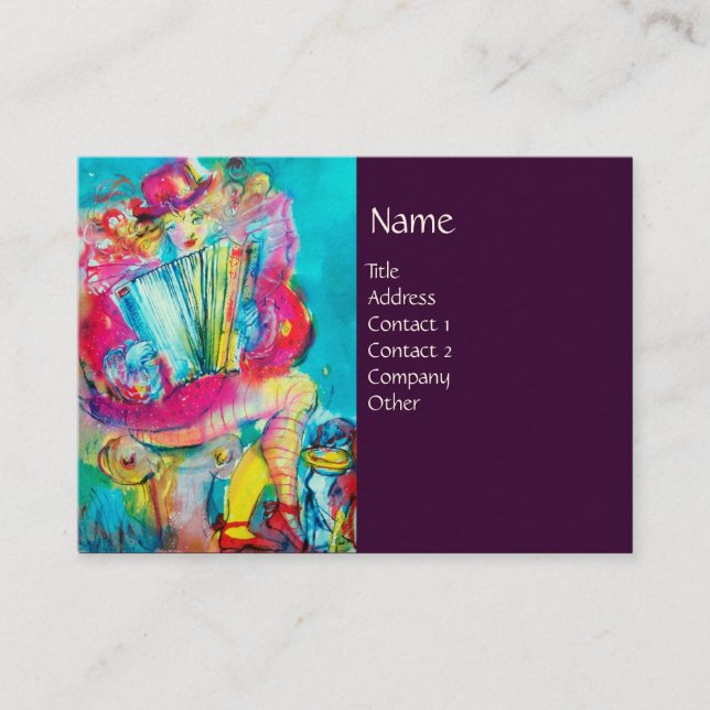 ACCORDION PLAYER IN THE NIGHT, purple Business Card (Front)