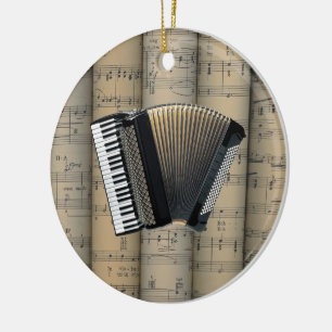 Accordion ~ Rolled Sheet Music Background ~ Music Ceramic Tree Decoration