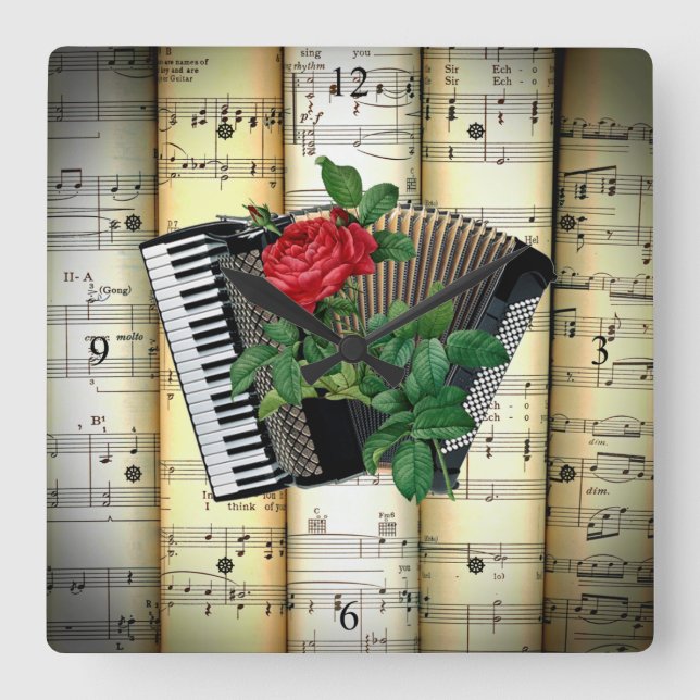 Accordion & Rose ~ Rolled Sheet Music ~ Square Wall Clock (Front)