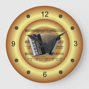 ~ Accordion~ Sheet Music ~ Gold Background ~ Large Clock